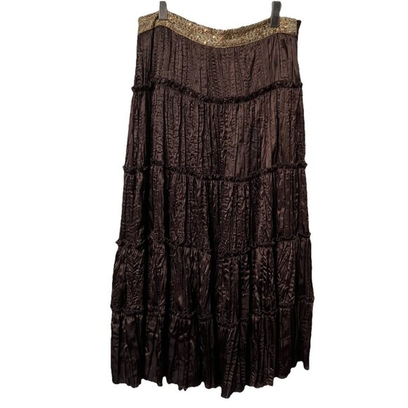 Vintage Le Chateau Maxi Skirt Womens S Tiered Brown Satin Sequin Y2K Made Canada - Picture 1 of 9